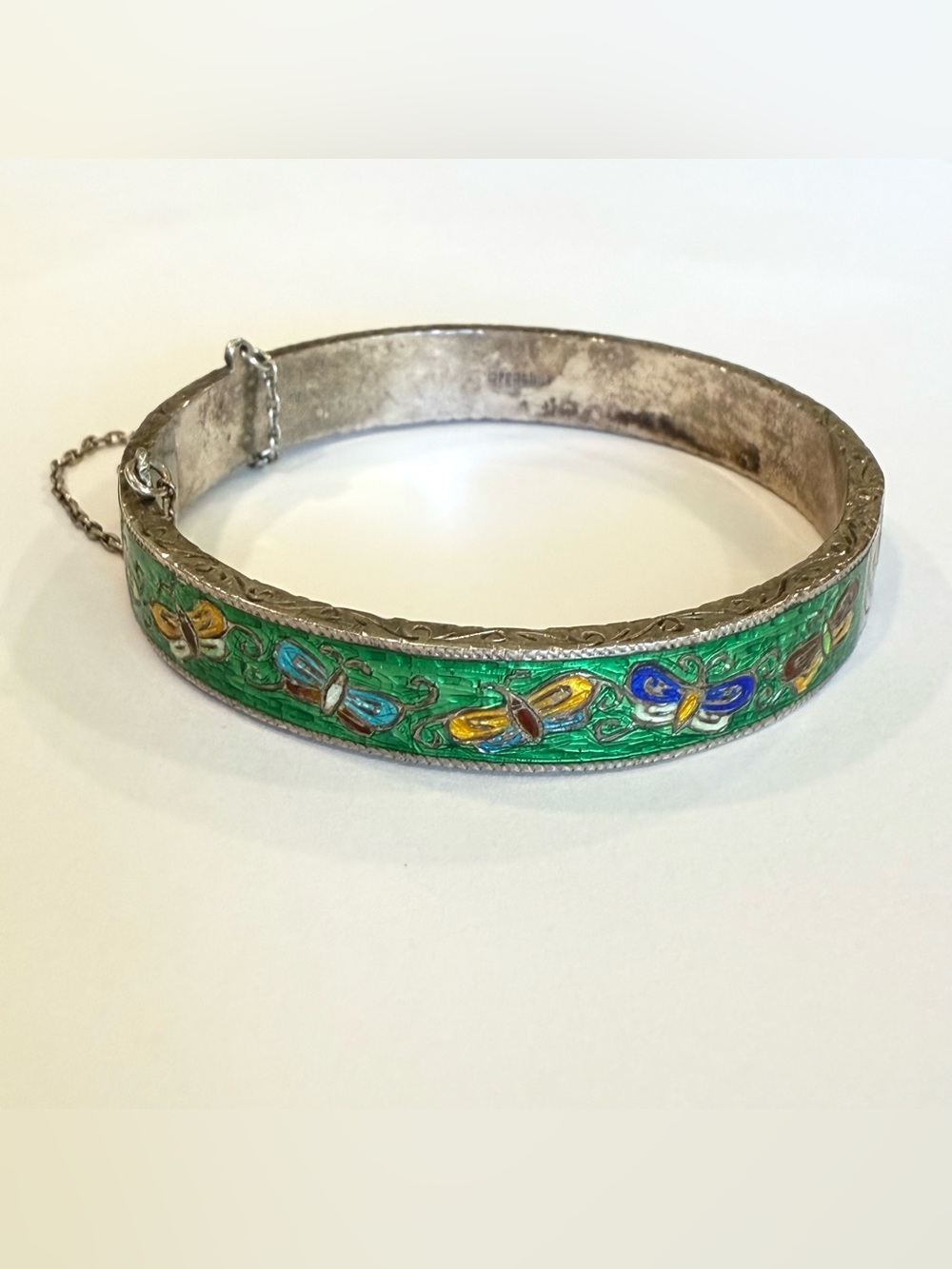 Vintage Sterling Silver Enamel Hinged Butterfly Bracelet Green Colorful Summer
